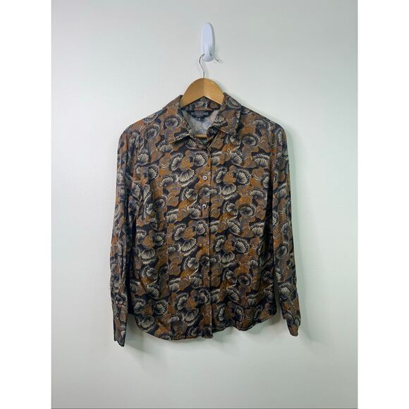 J. Peterman Womens Button Up Shirt M Brown Abstract Floral Old Money Long Sleeve - Picture 1 of 10